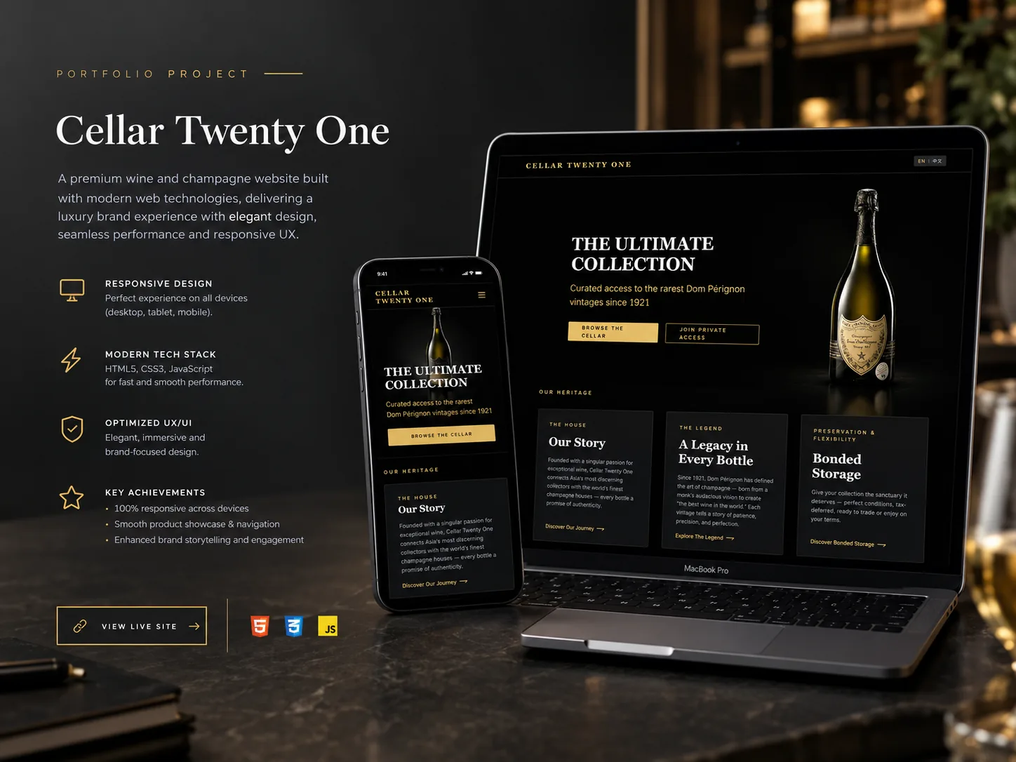 Cellar Twenty One website shown on a laptop and phone beside a champagne collection overview