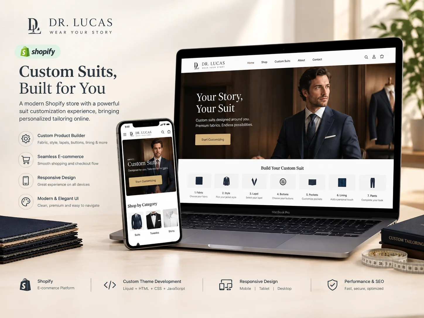 Dr. Lucas store shown on a laptop and phone beside custom suit details