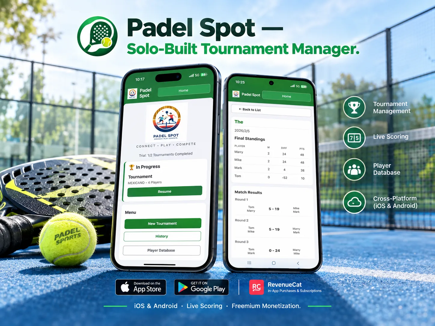 Two Padel Spot tournament app screens on a padel court, showing the home view and final standings