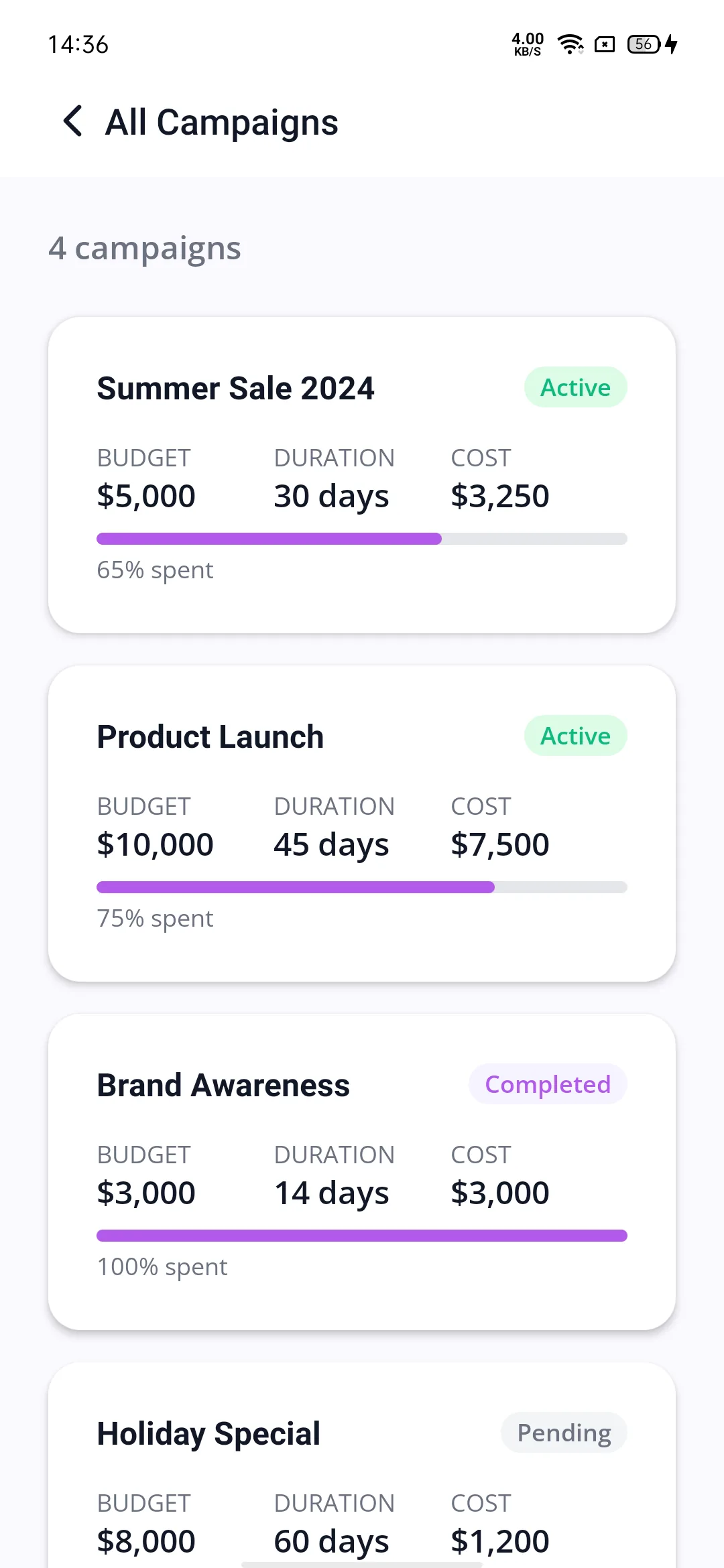 Appvertise campaign list with budget, duration, cost, and status for each campaign