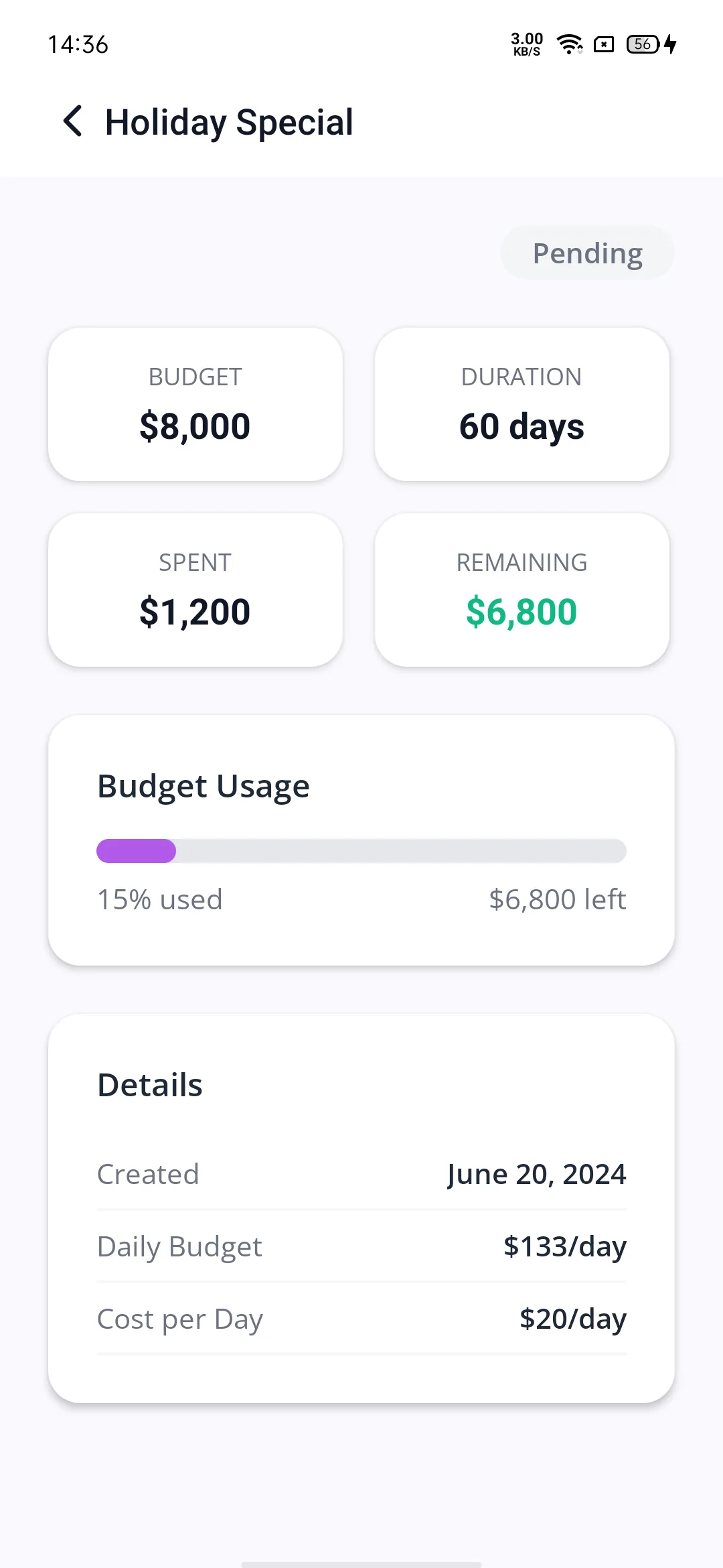 Holiday Special campaign detail showing pending status, budget, duration, and spend