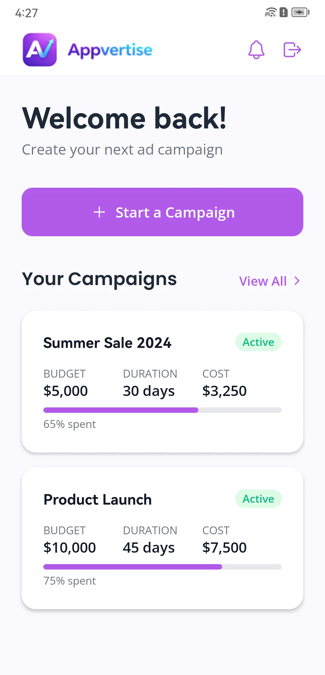Appvertise app home screen with a start campaign button and two active campaign cards