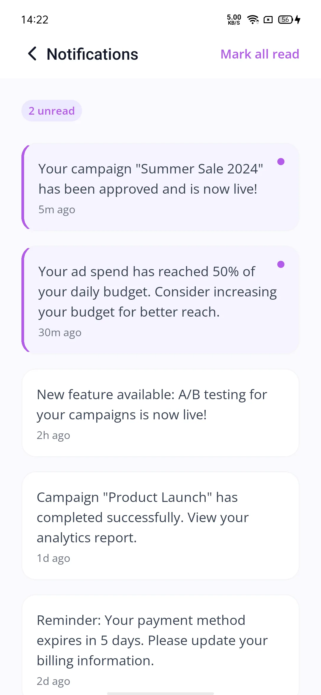 Appvertise notifications for campaign approval, ad spend, and completed campaigns