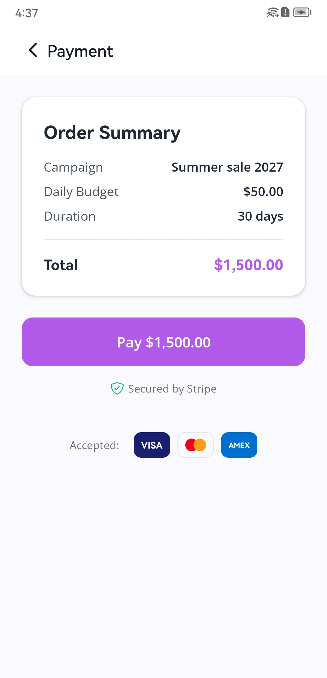 Appvertise payment screen with an order summary and Stripe checkout button
