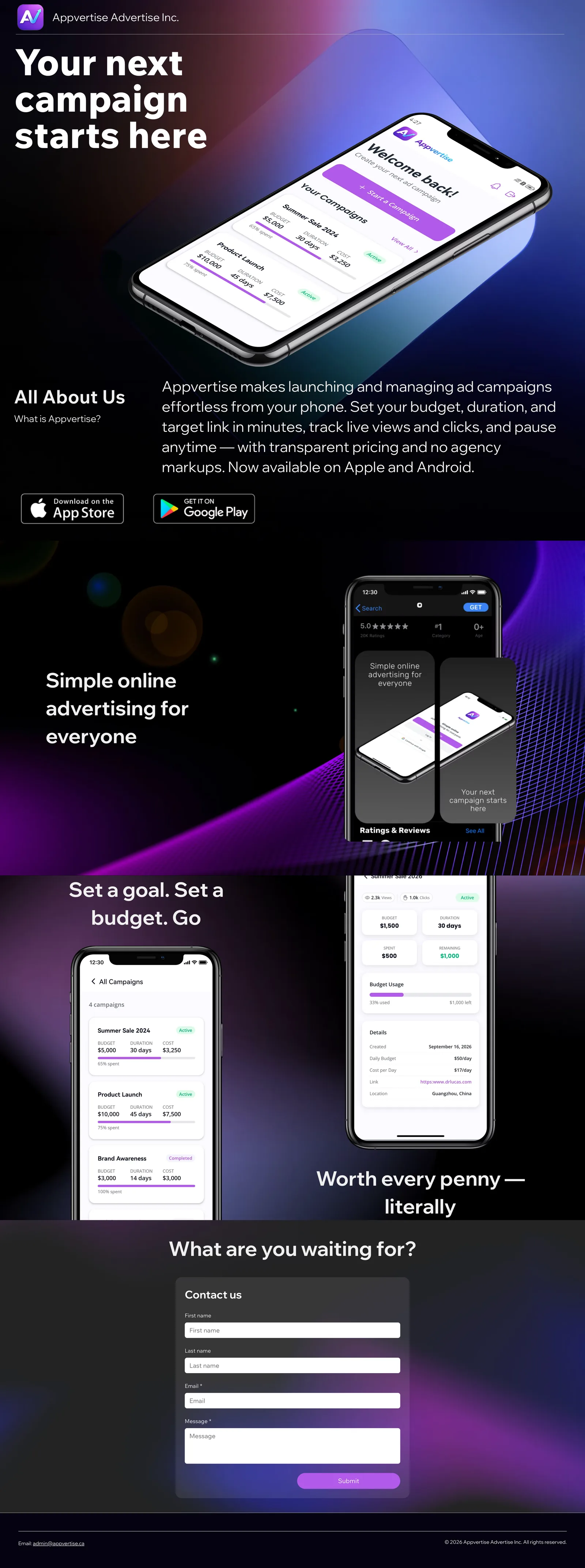 Appvertise landing page showing the campaign app, its benefits, and a contact form