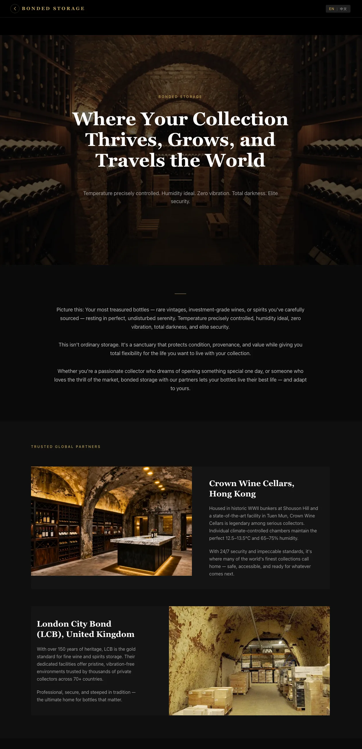 Bonded storage page with cellar photography and descriptions of storage partners