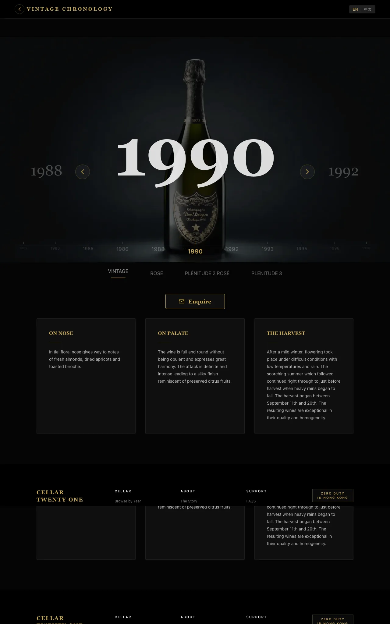 Vintage chronology page focused on the 1990 Dom Pérignon with tasting and harvest notes
