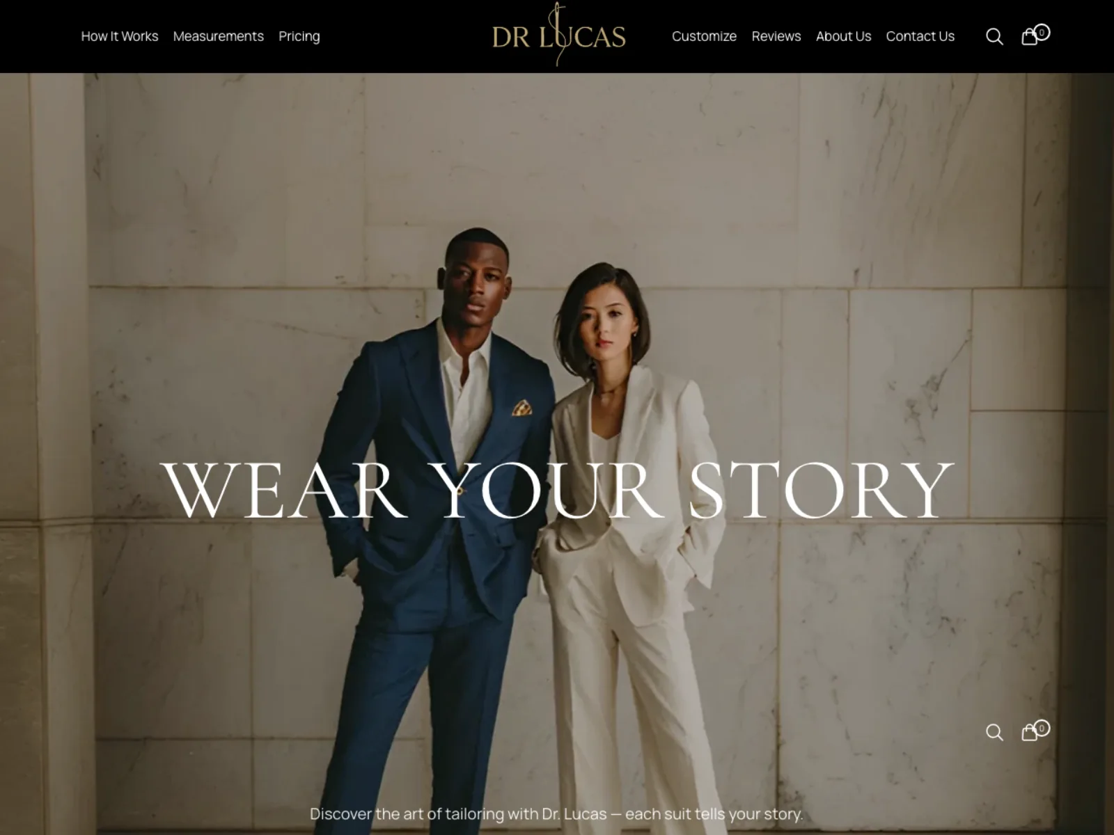 Dr. Lucas homepage with two models in suits under the Wear Your Story headline