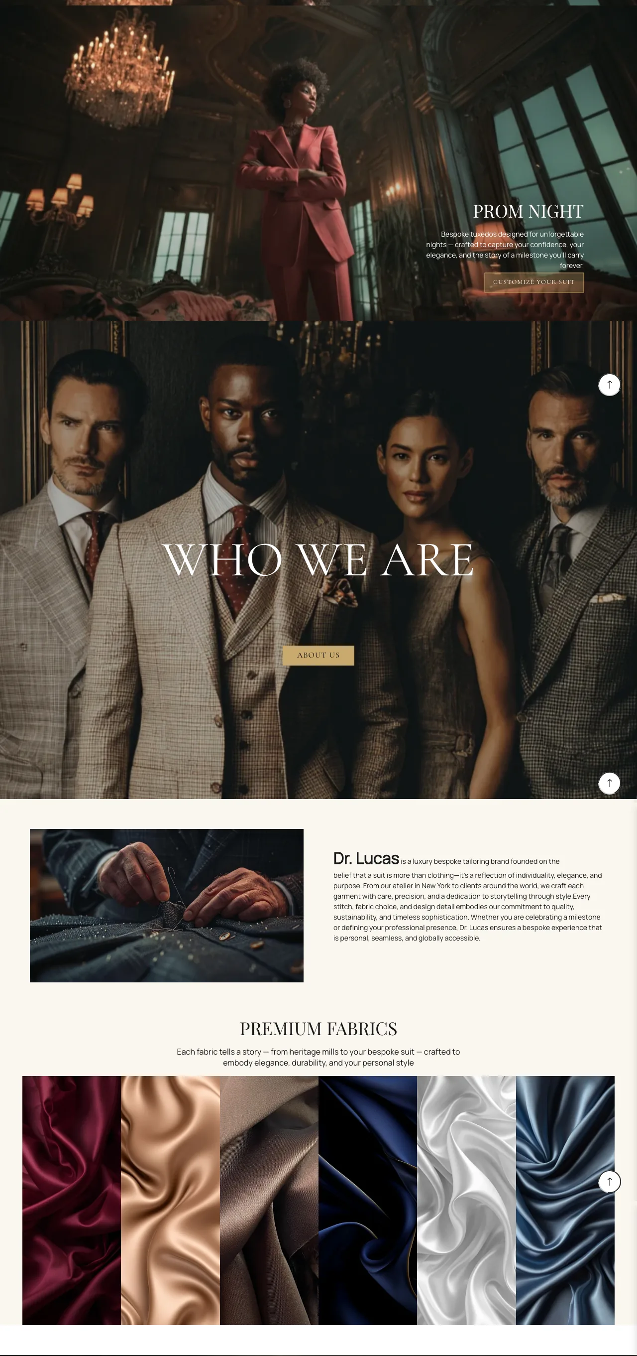 Long Dr. Lucas page capture showing occasionwear, brand story, and fabric choices