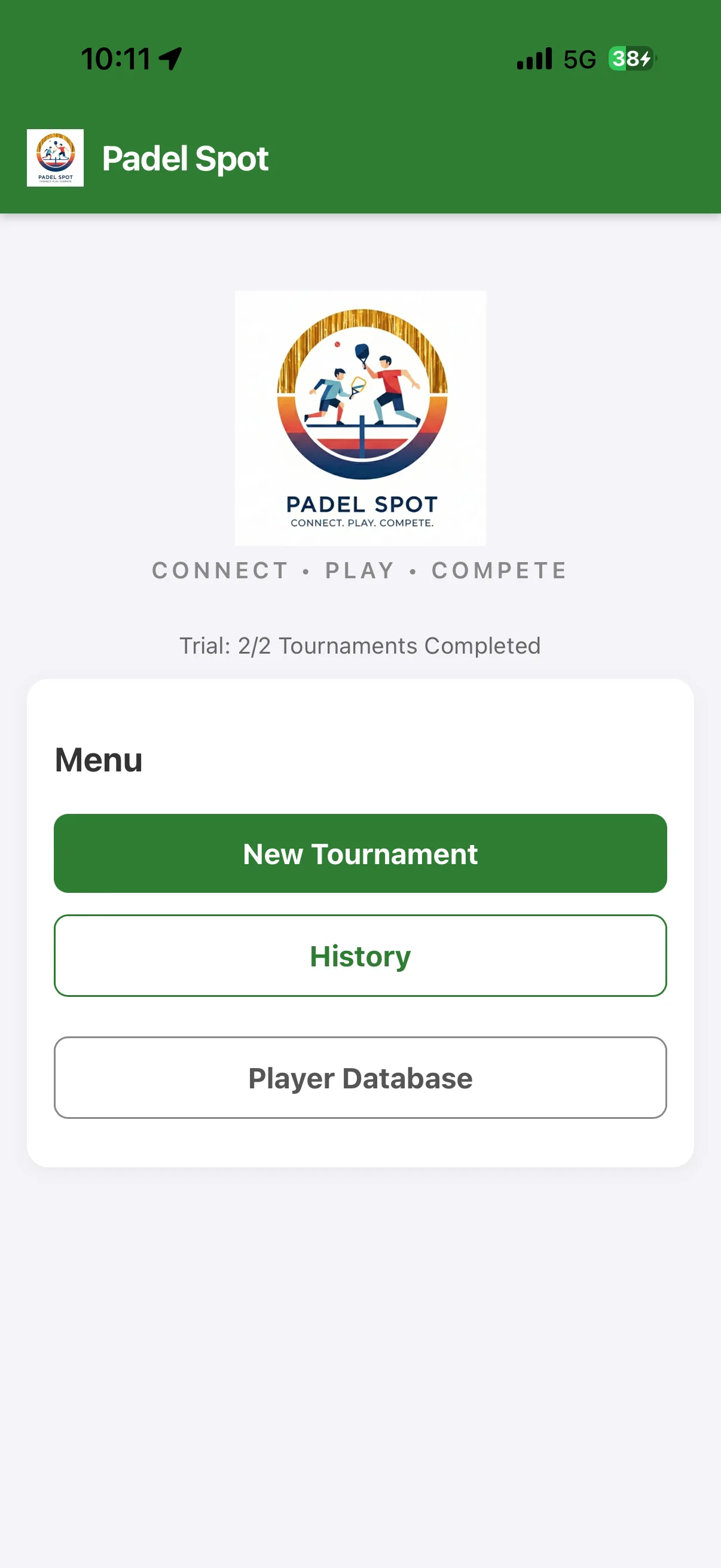 Padel Spot home screen after both free trial tournaments have been completed