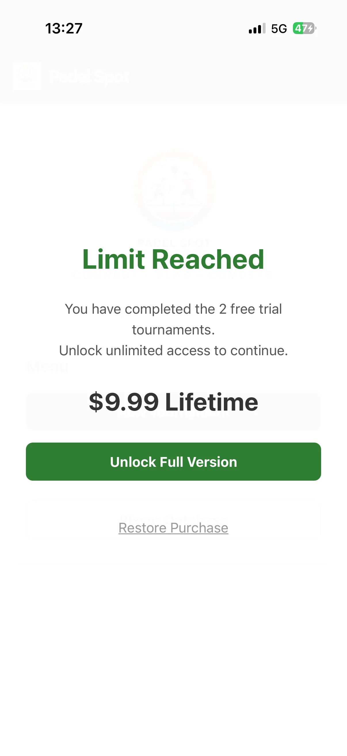 Premium unlock screen offering unlimited tournaments and a restore purchase option